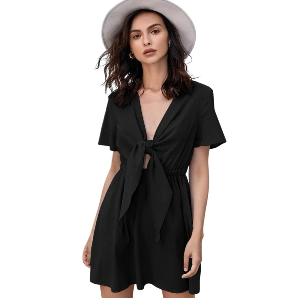 Black Lightweight Linen Mini Dress Plunging Neck Tie Front | Size Large 8 10